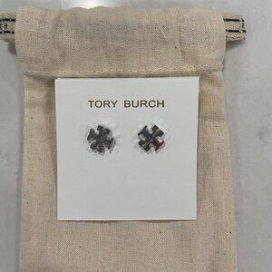 New Tory Burch T Logo Silver Stud Earrings with Pouch (Never Worn)